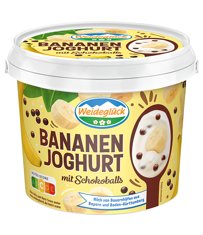 Packshot Weideglück Fruchtjoghurt Banane Schokoballs 1000g 1kg Becher